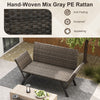 Hand-woven mix gray PE rattan patio convertible sofa for 2 with armrests, perfect for backyard or poolside relaxation.