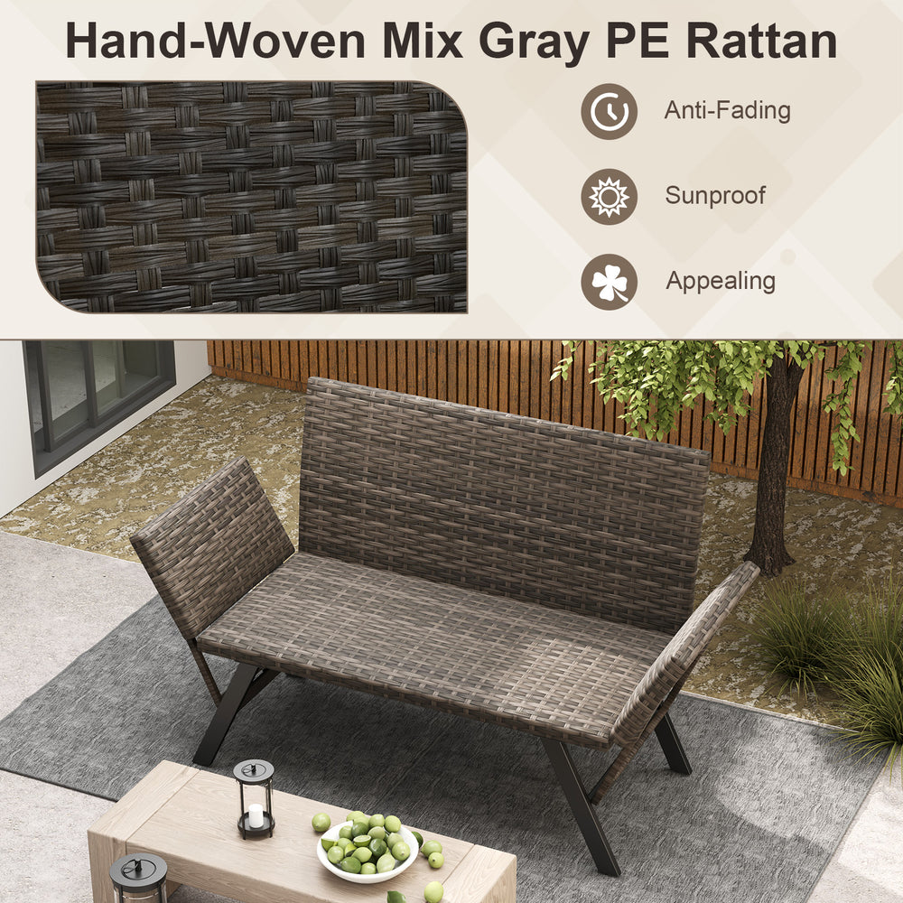 Hand-woven mix gray PE rattan patio convertible sofa for 2 with armrests, perfect for backyard or poolside relaxation.
