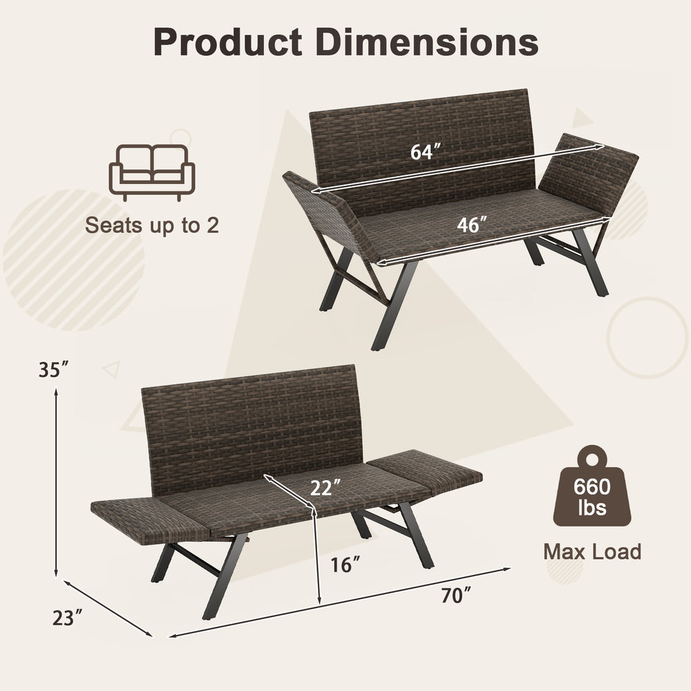 Patio convertible sofa dimensions showing a gray rattan loveseat with armrests, suitable for backyard or poolside use.