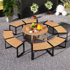Curved patio benches with slatted acacia wood seats and metal legs, ideal for backyard or poolside gatherings.