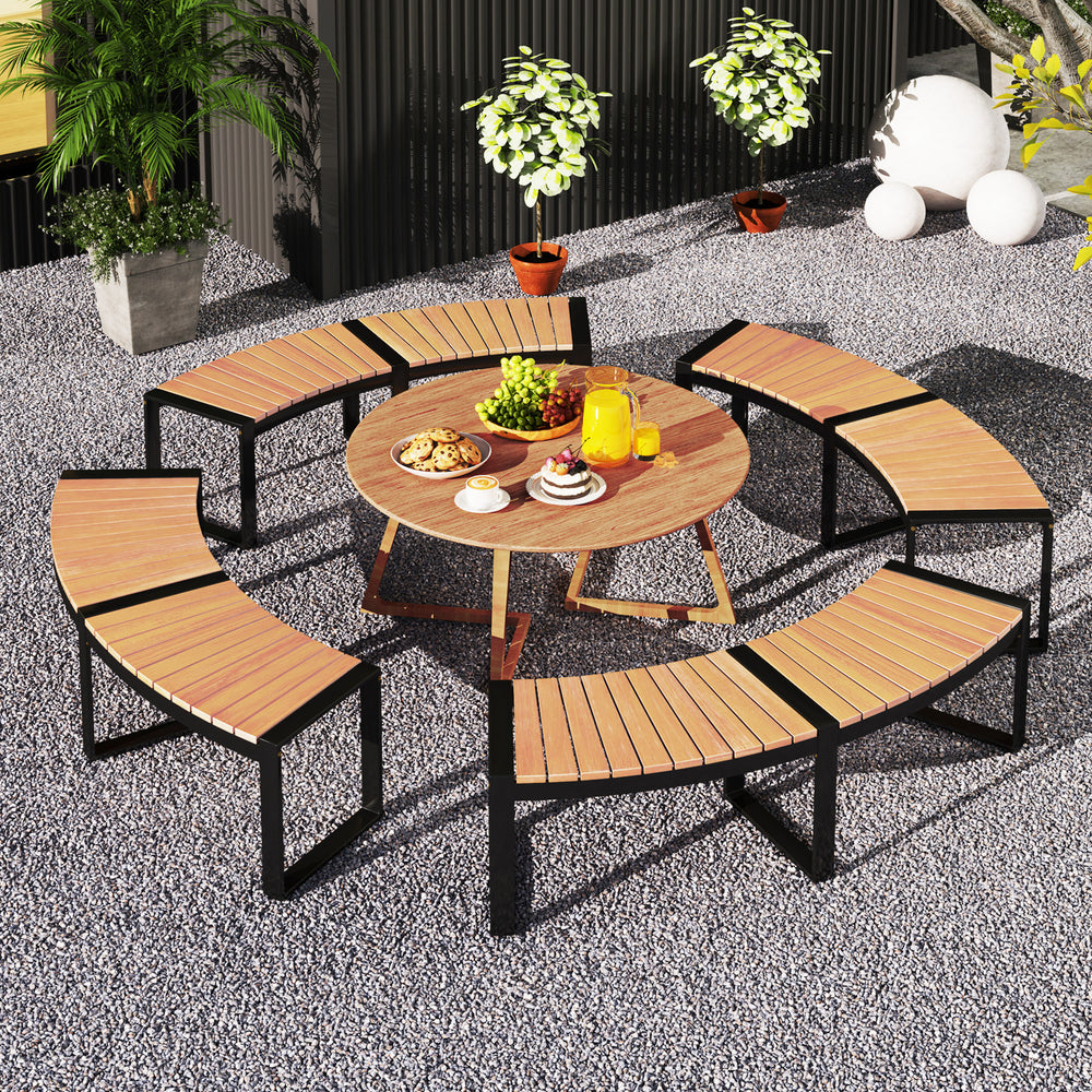 Curved patio benches with slatted acacia wood seats and metal legs, ideal for backyard or poolside gatherings.