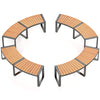 Curved patio benches with acacia wood slatted seats and metal legs, ideal for backyard or poolside seating.