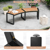 Curved patio bench with acacia wood slatted seat and metal legs, featuring adjustable footpads for stability and.