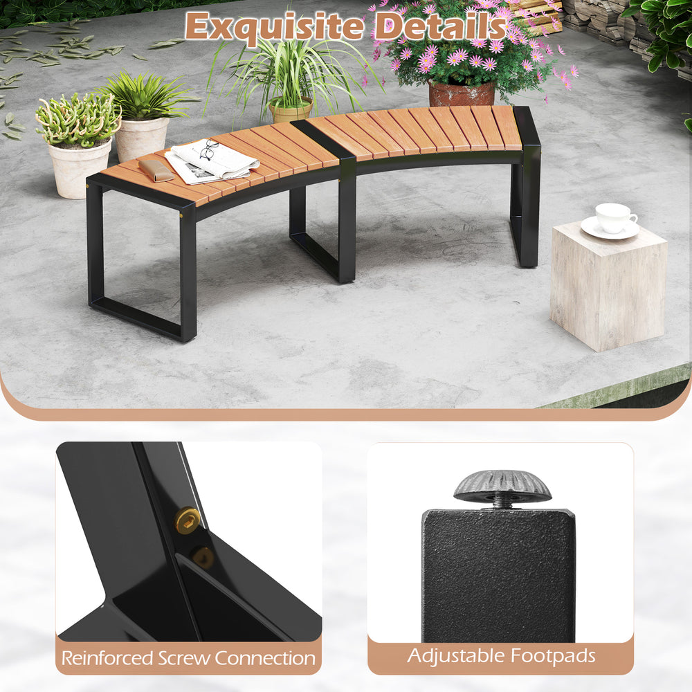 Curved patio bench with acacia wood slatted seat and metal legs, featuring adjustable footpads for stability and.