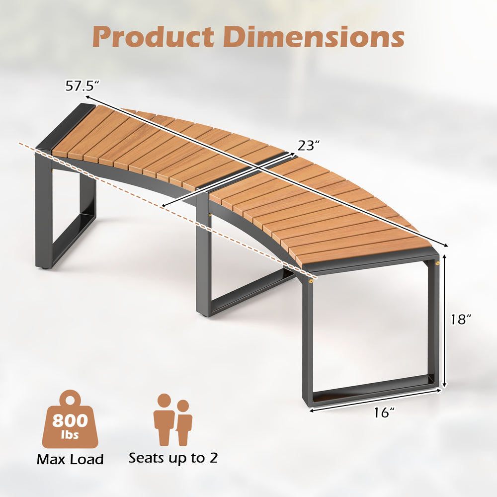 Curved patio bench dimensions showing acacia wood slatted seat and metal legs, seats up to 2 with 800 lbs max load.