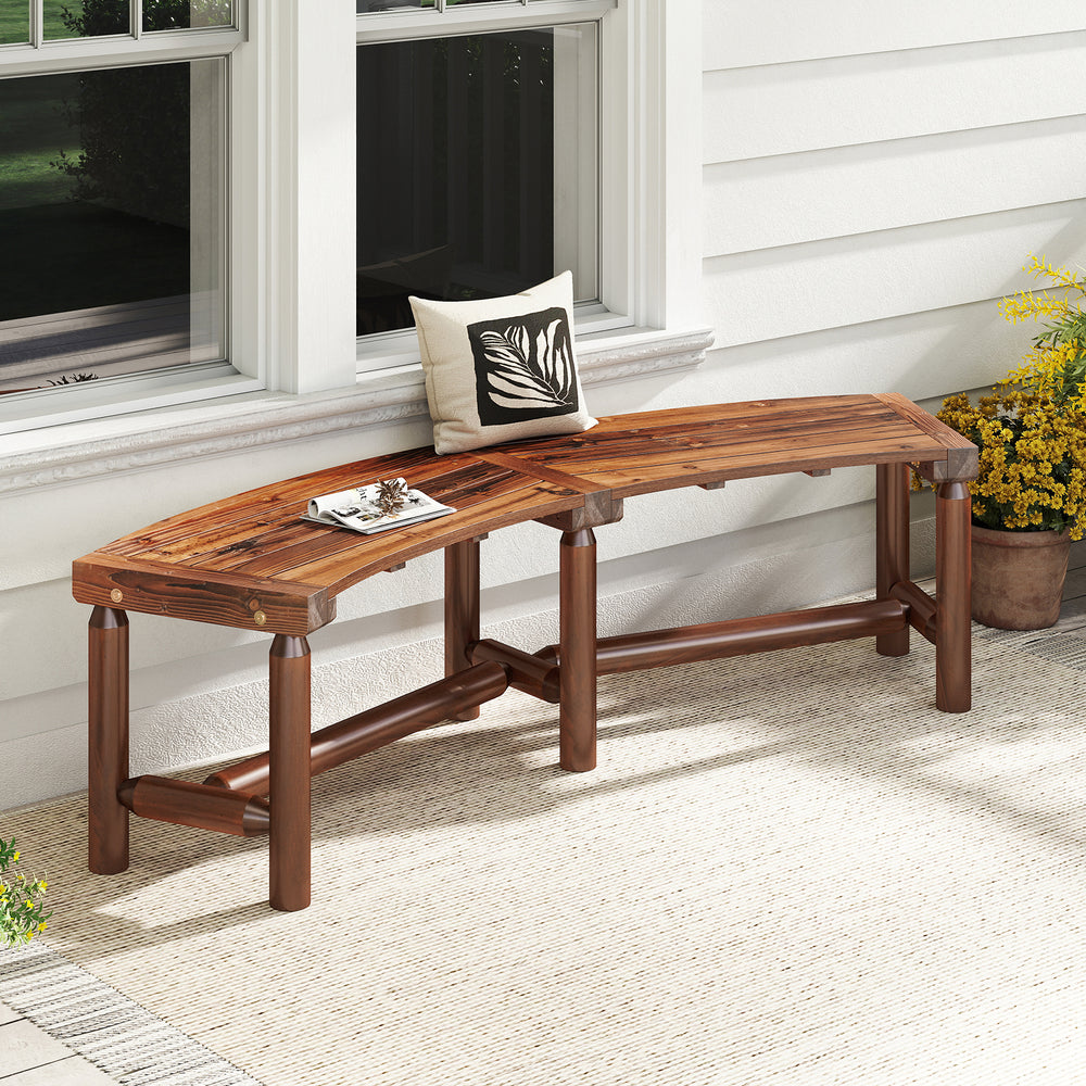 Patio Curved Bench Solid Wood Fire Pit Bench Outdoor Backless Loveseat-Rustic Brown - Gallery View 1 of 9
