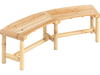 Curved solid wood patio bench with a natural finish, designed for outdoor use, seating 2-3 people comfortably.