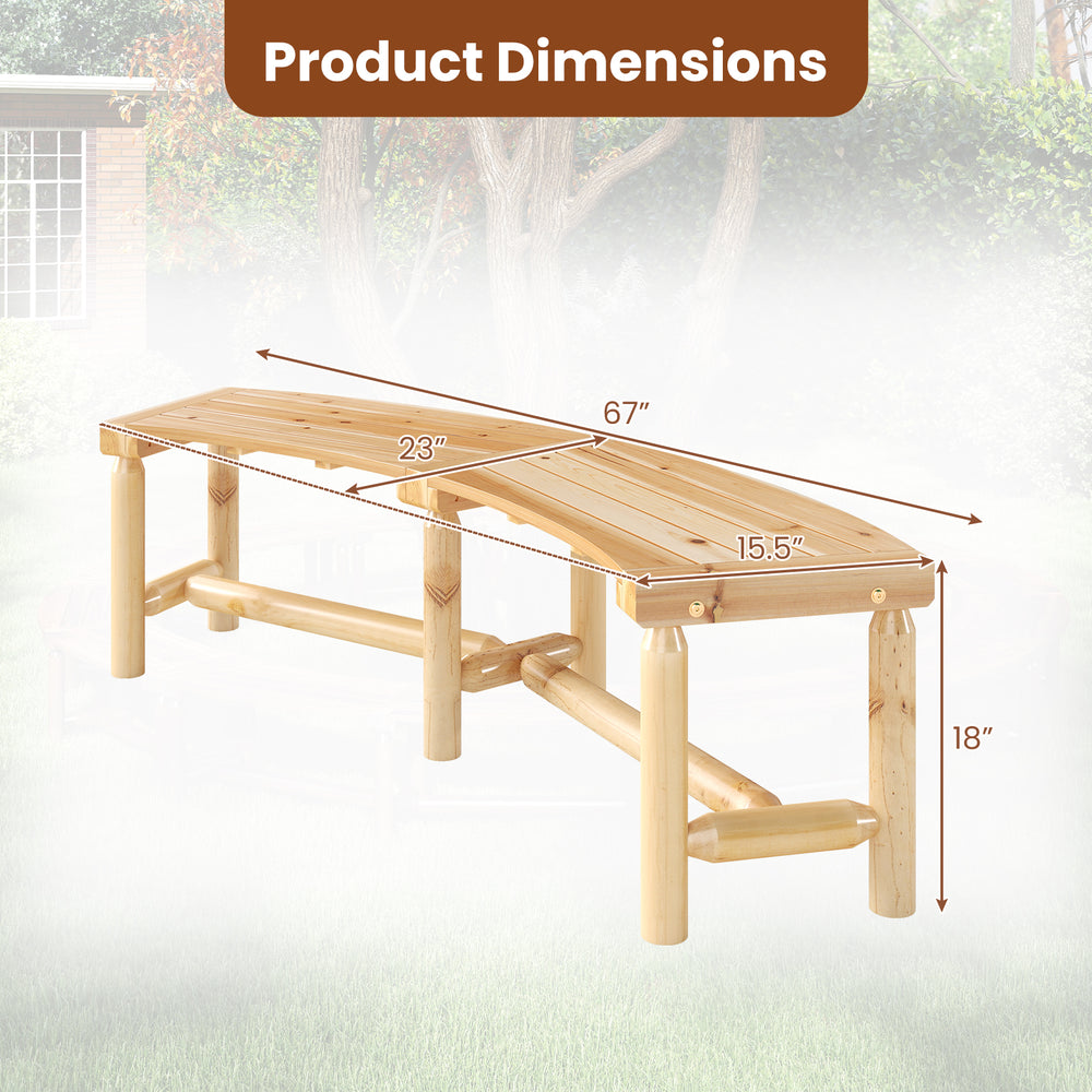 Curved solid wood patio bench with dimensions 67" x 23" x 18", ideal for outdoor seating by fire pits or gardens.