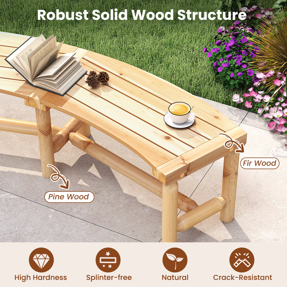 Curved solid wood patio bench made of fir and pine, designed for outdoor use, supports 2-3 people comfortably.
