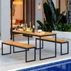 Backless patio dining bench with slatted acacia wood seat and sturdy metal legs, ideal for outdoor and indoor use.