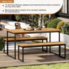 Side view of backless patio dining bench featuring a slatted acacia wood seat and robust metal legs, suitable for.
