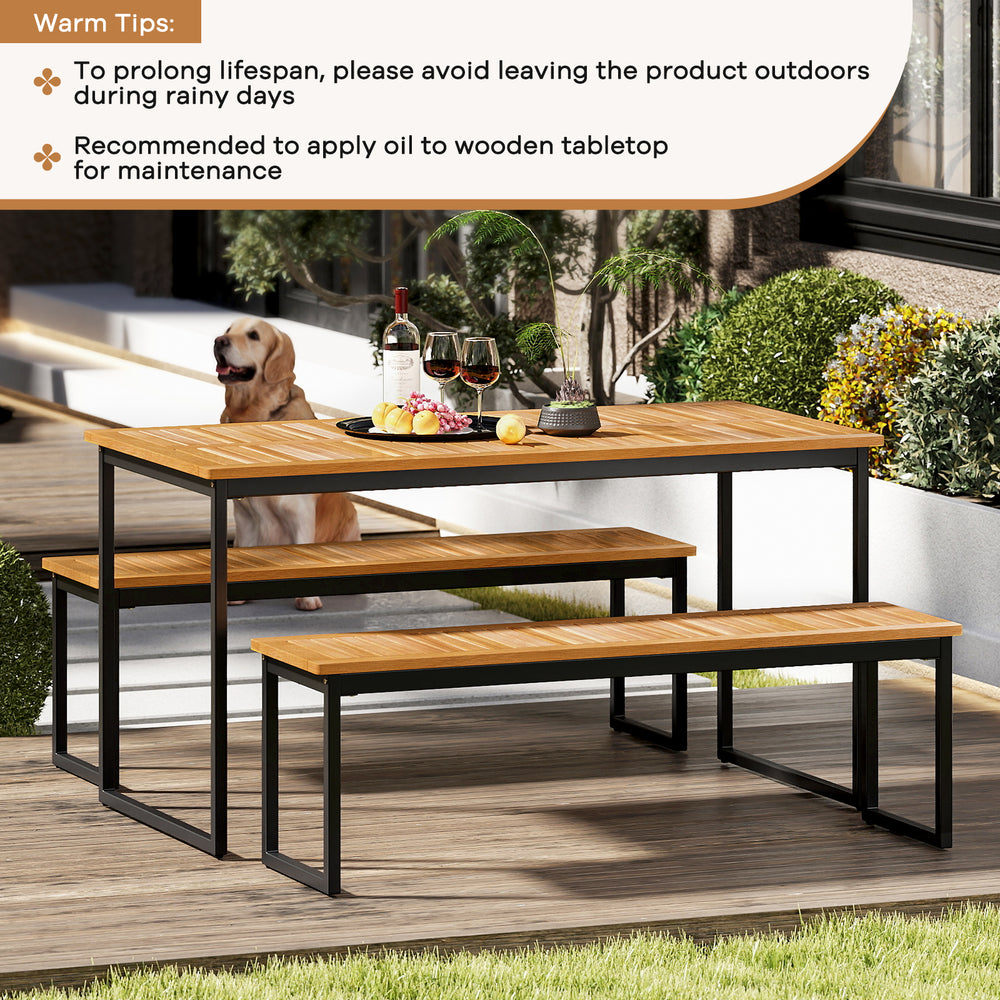 Side view of backless patio dining bench featuring a slatted acacia wood seat and robust metal legs, suitable for.