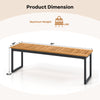 Detailed product dimension chart for the patio dining bench, showcasing slatted acacia wood seat and sturdy metal legs.