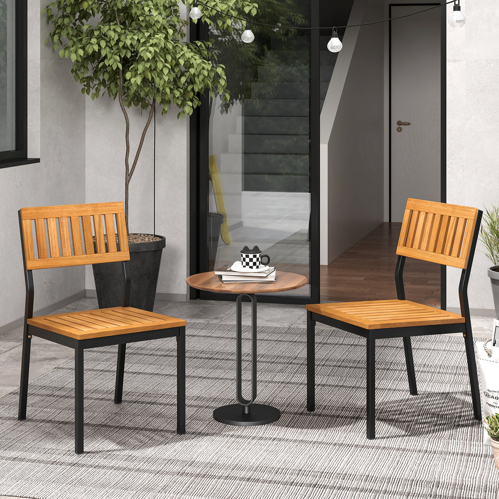 Patio dining chair set of 2 with acacia wood and metal frame, featuring slatted design for comfort and modern-rustic.