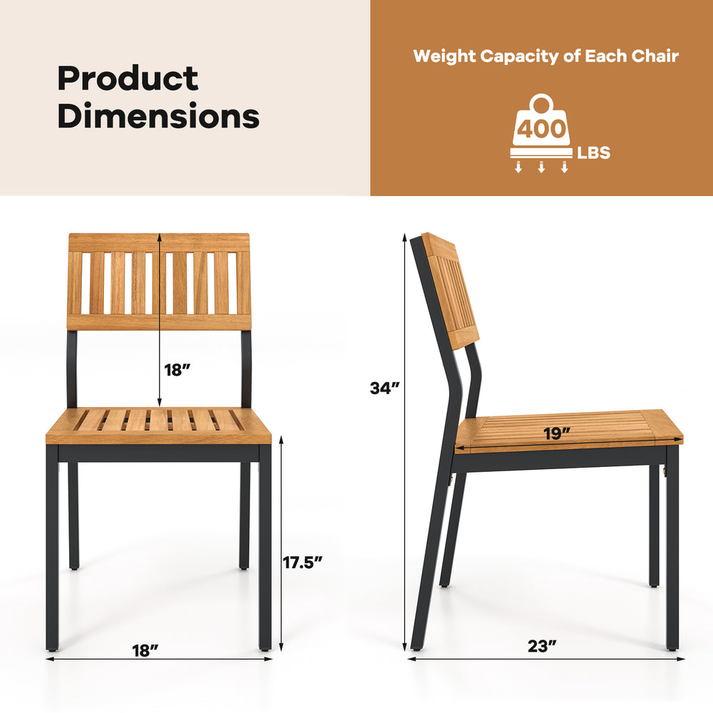 Patio dining chair dimensions showing a sturdy acacia wood and metal frame, supporting up to 400 lbs for outdoor use.
