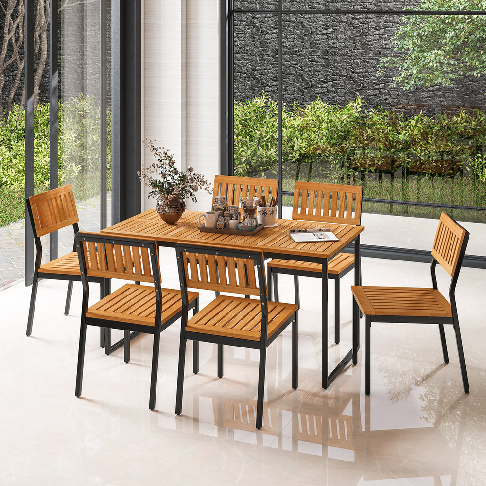 Patio dining chair set of 2 featuring acacia wood and metal frame, designed for comfort and modern-rustic style.