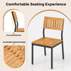 Patio dining chair featuring a slatted acacia wood seat and curved backrest, designed for comfort and stability.
