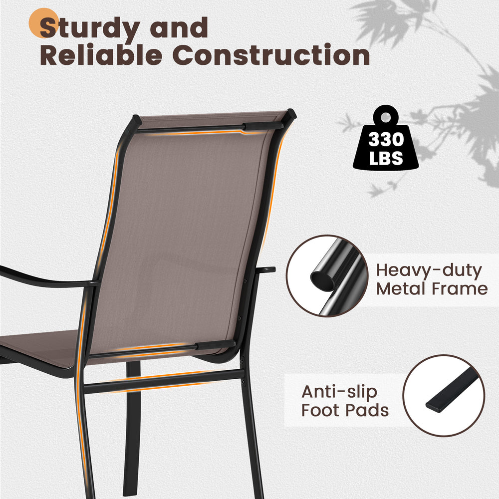 Brown patio dining chair showcasing a heavy-duty metal frame, wide seat, and anti-slip foot pads for outdoor comfort.