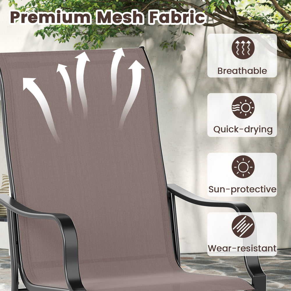 Breathable mesh fabric of a patio dining chair, featuring sun protection and wear resistance for outdoor comfort.