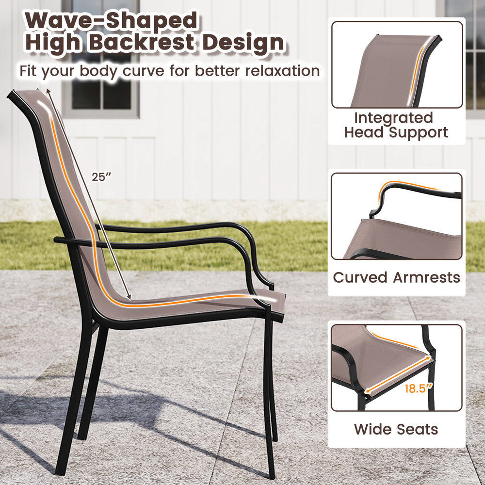Patio dining chair with wave-shaped high backrest, wide seat, and heavy-duty metal frame for outdoor comfort.