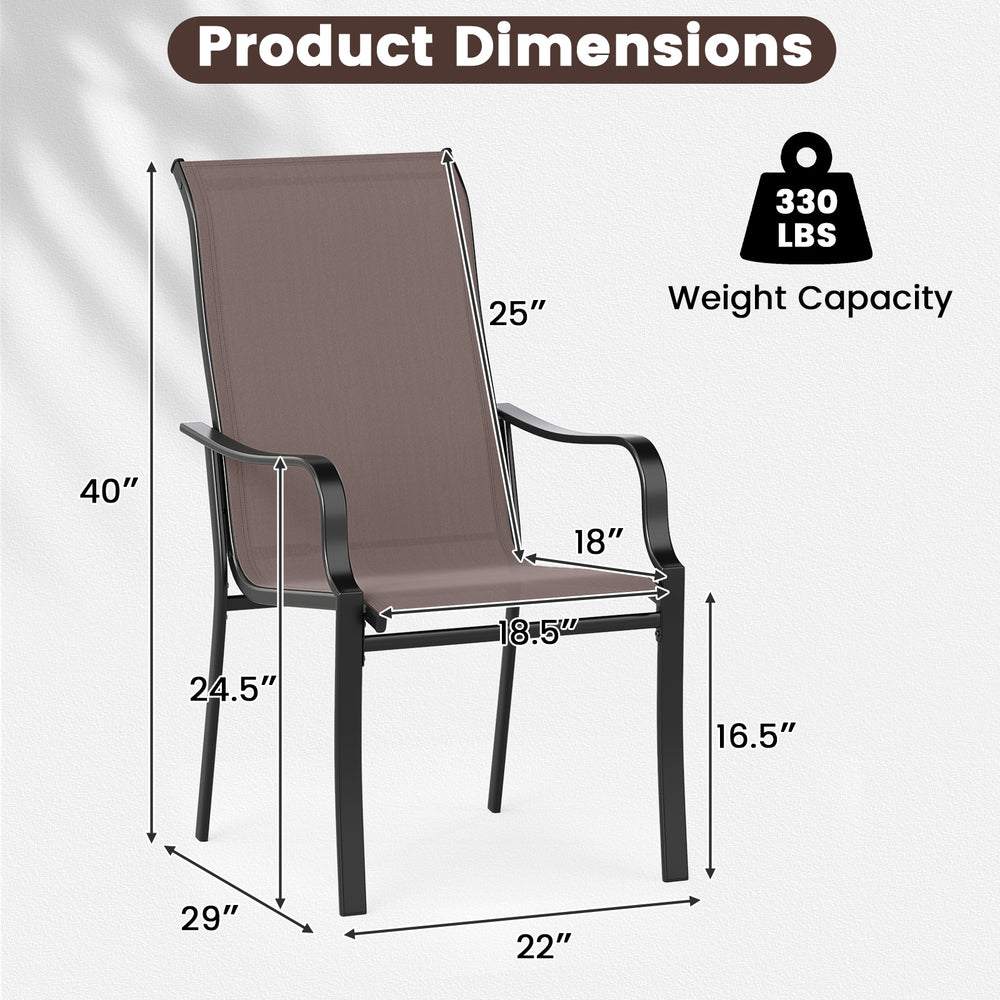Patio dining chair dimensions with a heavy-duty metal frame, wide seat, and 330 lbs weight capacity for outdoor use.