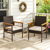 Set of 2 patio dining chairs with soft white cushions, featuring durable PE rattan and natural acacia wood frame.
