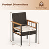 Patio dining chair dimensions with soft cushions, featuring durable PE rattan and acacia wood frame for outdoor use.