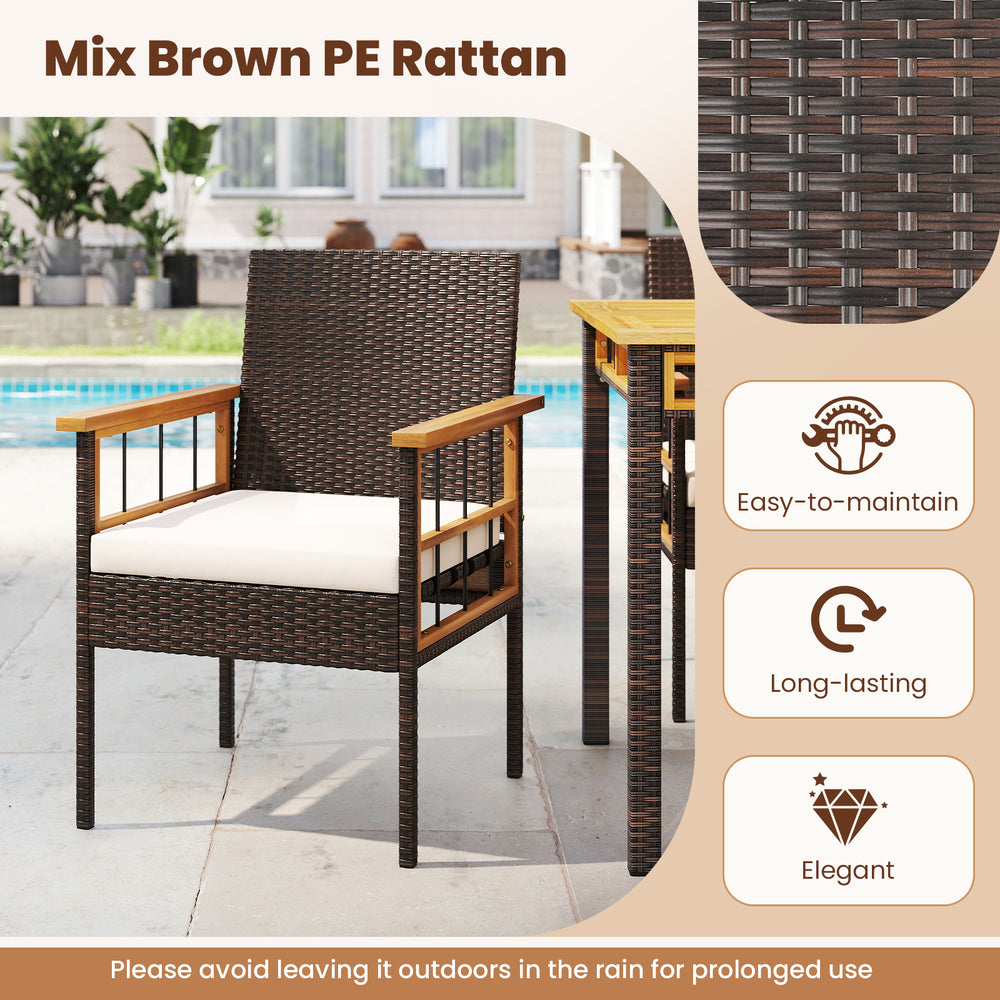 Patio dining chair with soft white cushion, mix brown PE rattan and acacia wood frame, perfect for outdoor relaxation.