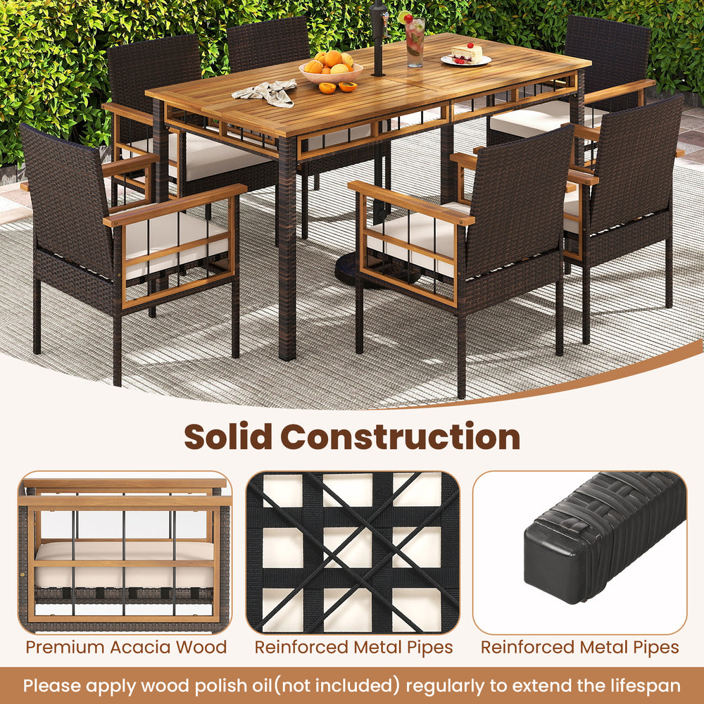 Patio dining chairs set of 2 with soft cushions, durable PE rattan, and acacia wood frame for outdoor comfort.