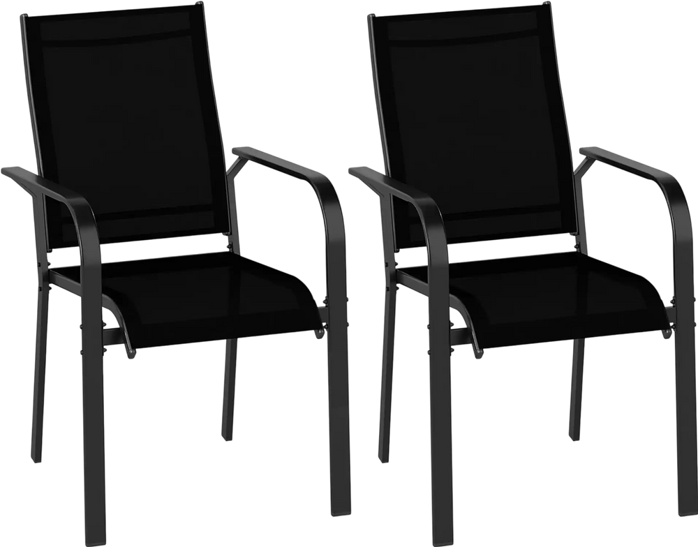 Set of 2 stackable patio dining chairs with breathable mesh fabric and sturdy metal frame, ideal for outdoor use.