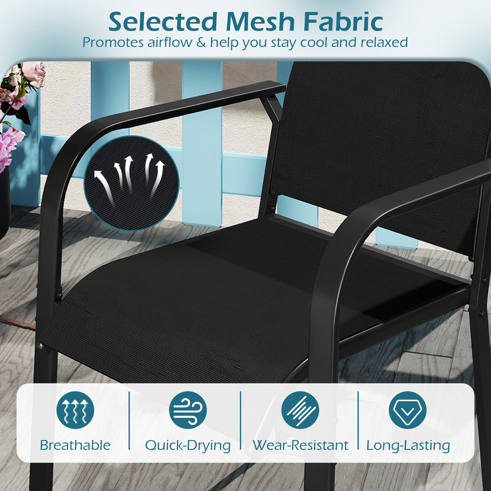Breathable mesh fabric patio dining chair with supportive armrests and lightweight metal frame, ideal for outdoor use.