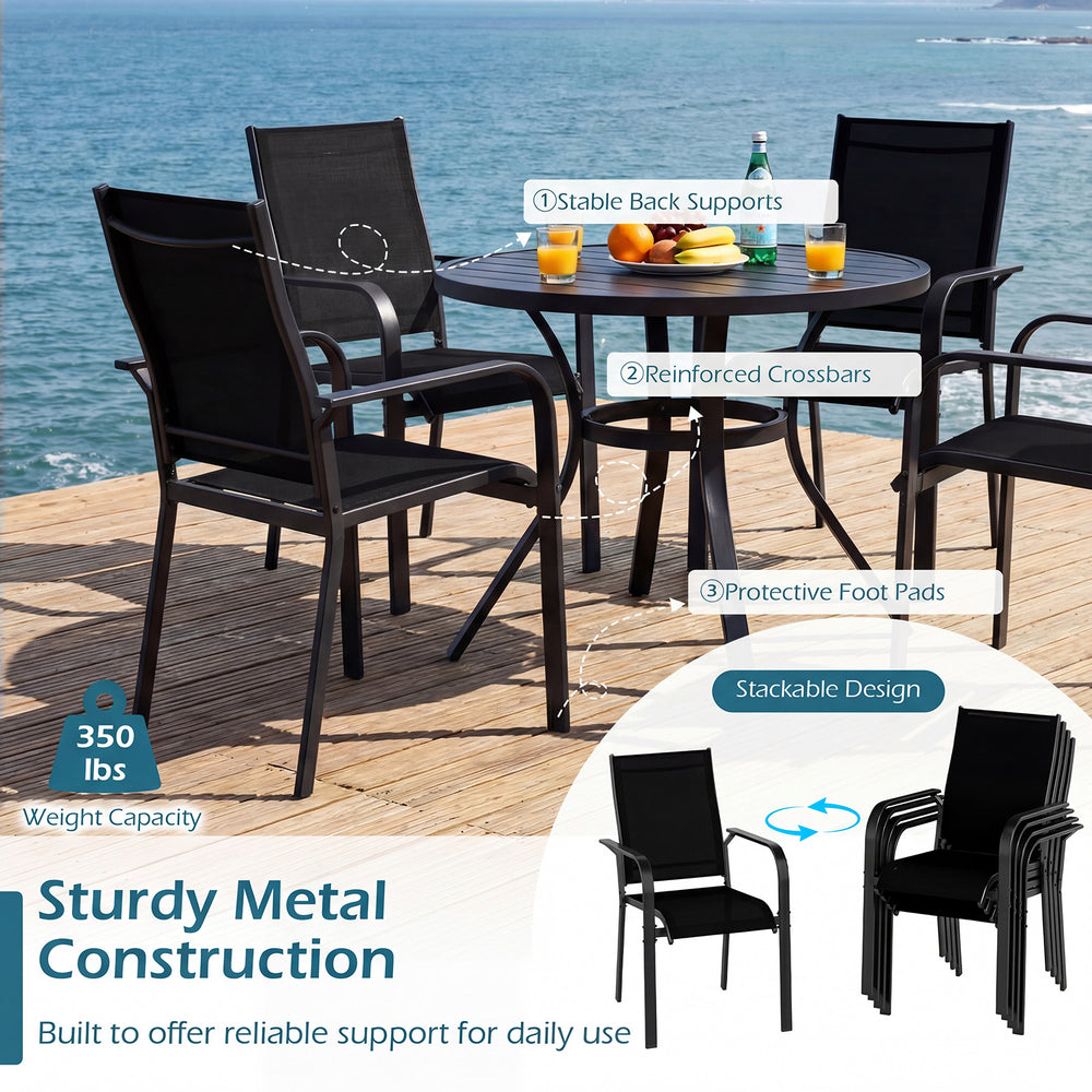 Stackable outdoor armchairs with metal frame, breathable mesh fabric, and supportive armrests for patio relaxation.
