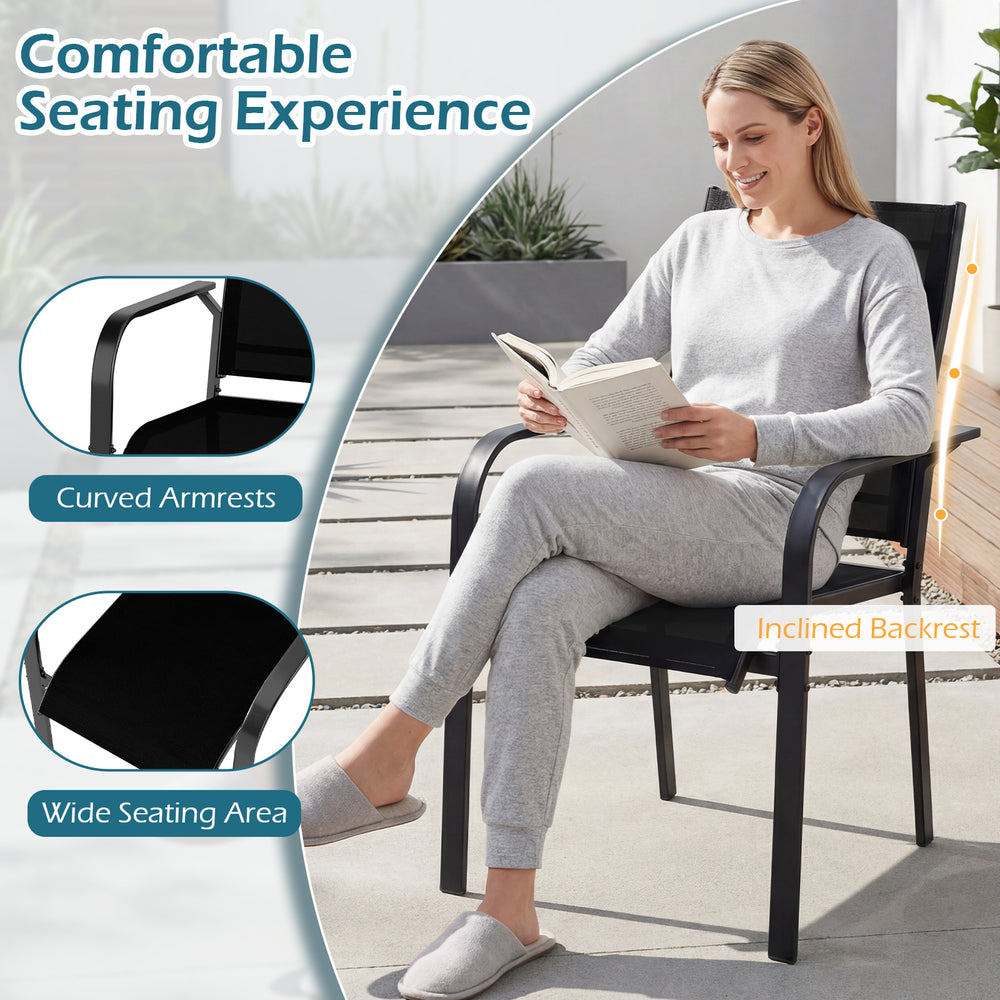 Stackable outdoor armchair with inclined backrest and wide seat, featuring breathable mesh fabric for comfort and.