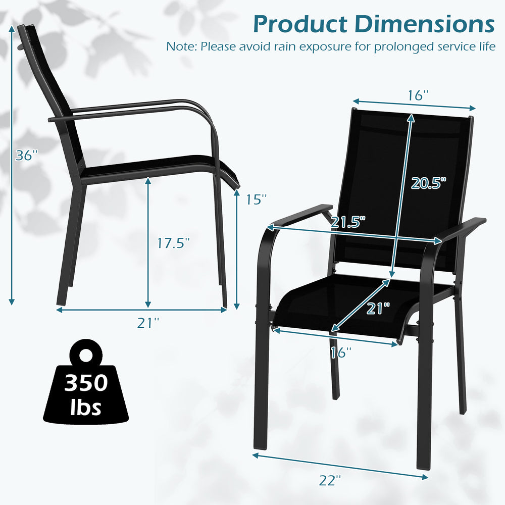 Stackable outdoor armchair with metal frame, breathable mesh fabric, and inclined backrest for patio comfort.