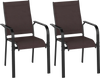Set of 2 stackable patio dining chairs with breathable mesh fabric and supportive armrests for outdoor comfort.