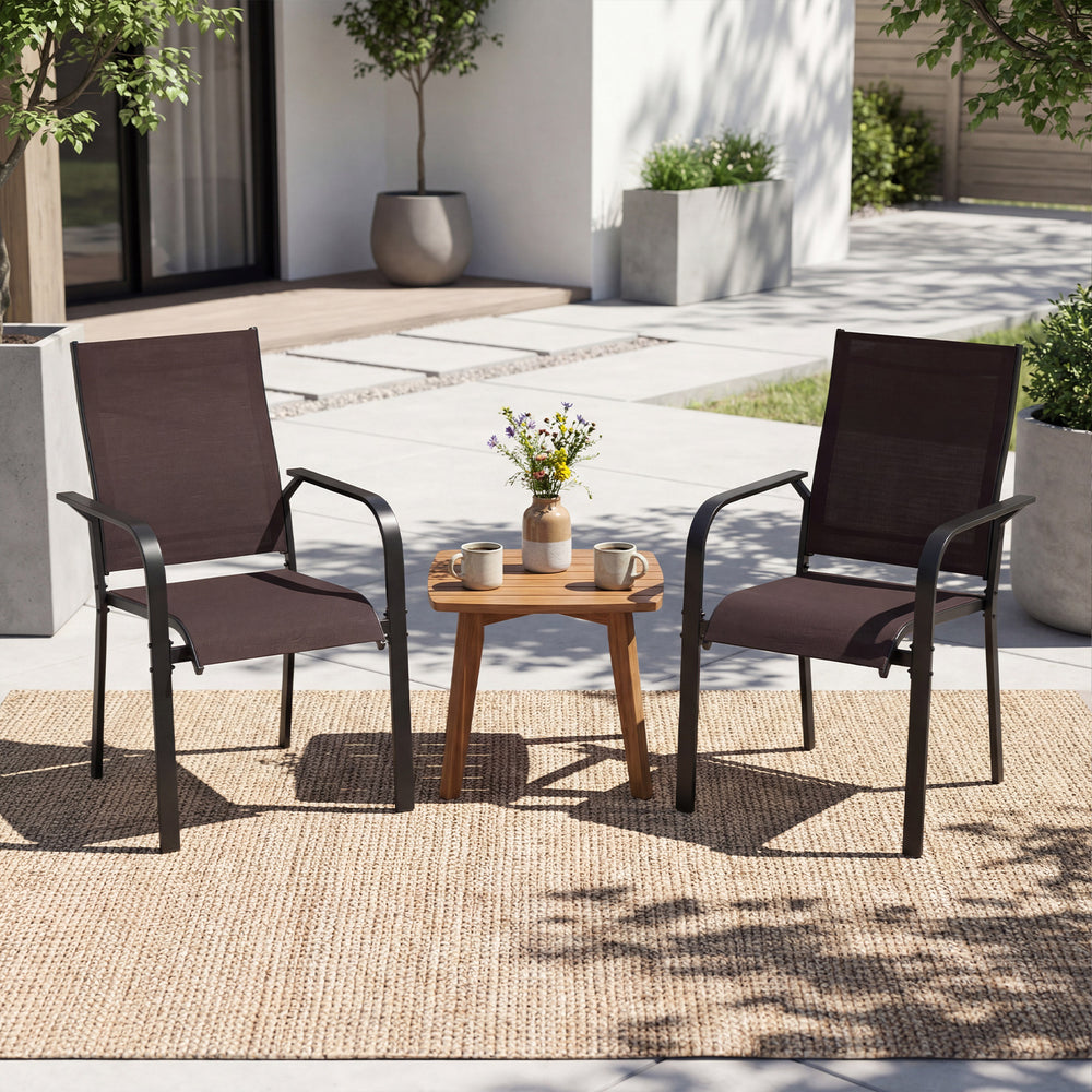 Stackable outdoor armchairs set of 2 with breathable mesh fabric and supportive armrests, perfect for patio relaxation.