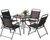 Patio dining set featuring four folding chairs and a glass table, perfect for outdoor relaxation in gray.