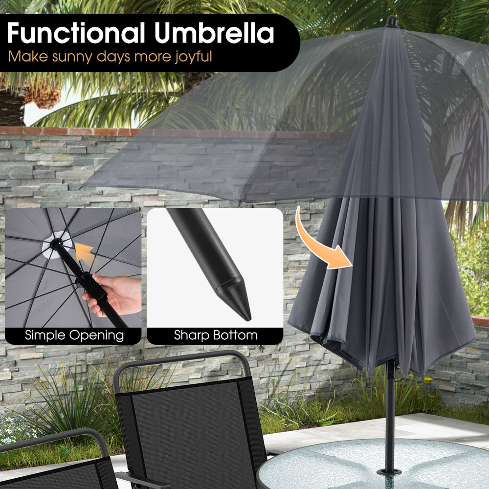 Gray 71" tilt umbrella with sharp bottom for easy insertion, ideal for the 6-piece patio dining set.