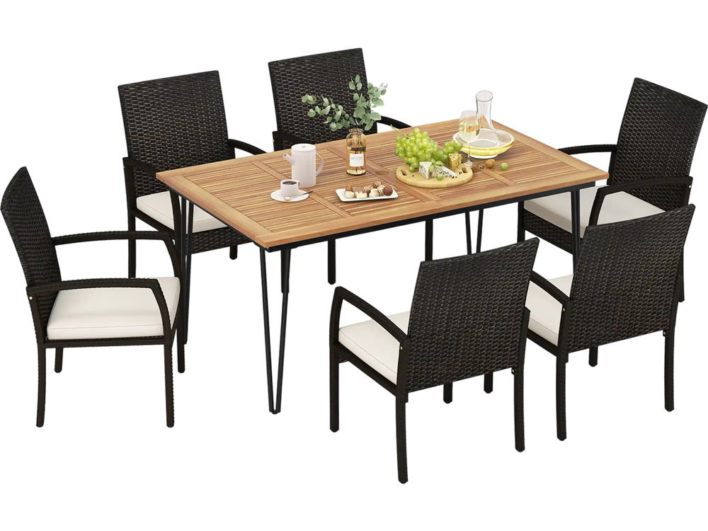 7 Pieces Patio Dining Set with Acacia Wood Dining Table for Porch Backyard Garden Poolside