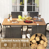 7-piece patio dining set featuring a spacious acacia wood table and six UV-resistant PE rattan chairs for outdoor.