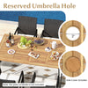 Close-up of the reserved umbrella hole in the acacia wood tabletop of a 7-piece patio dining set for outdoor use.
