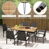 7-piece patio dining set featuring an acacia wood table and PE rattan chairs, perfect for outdoor gatherings.