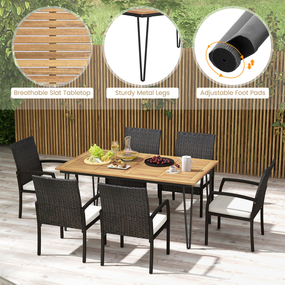 7-piece patio dining set featuring an acacia wood table and PE rattan chairs, perfect for outdoor gatherings.