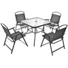 5-piece gray patio dining set for 4 with tempered glass tabletop and folding chairs, ideal for backyard or poolside use.