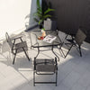 Gray patio dining set for 4 featuring a square table and four comfortable folding chairs, perfect for outdoor dining.