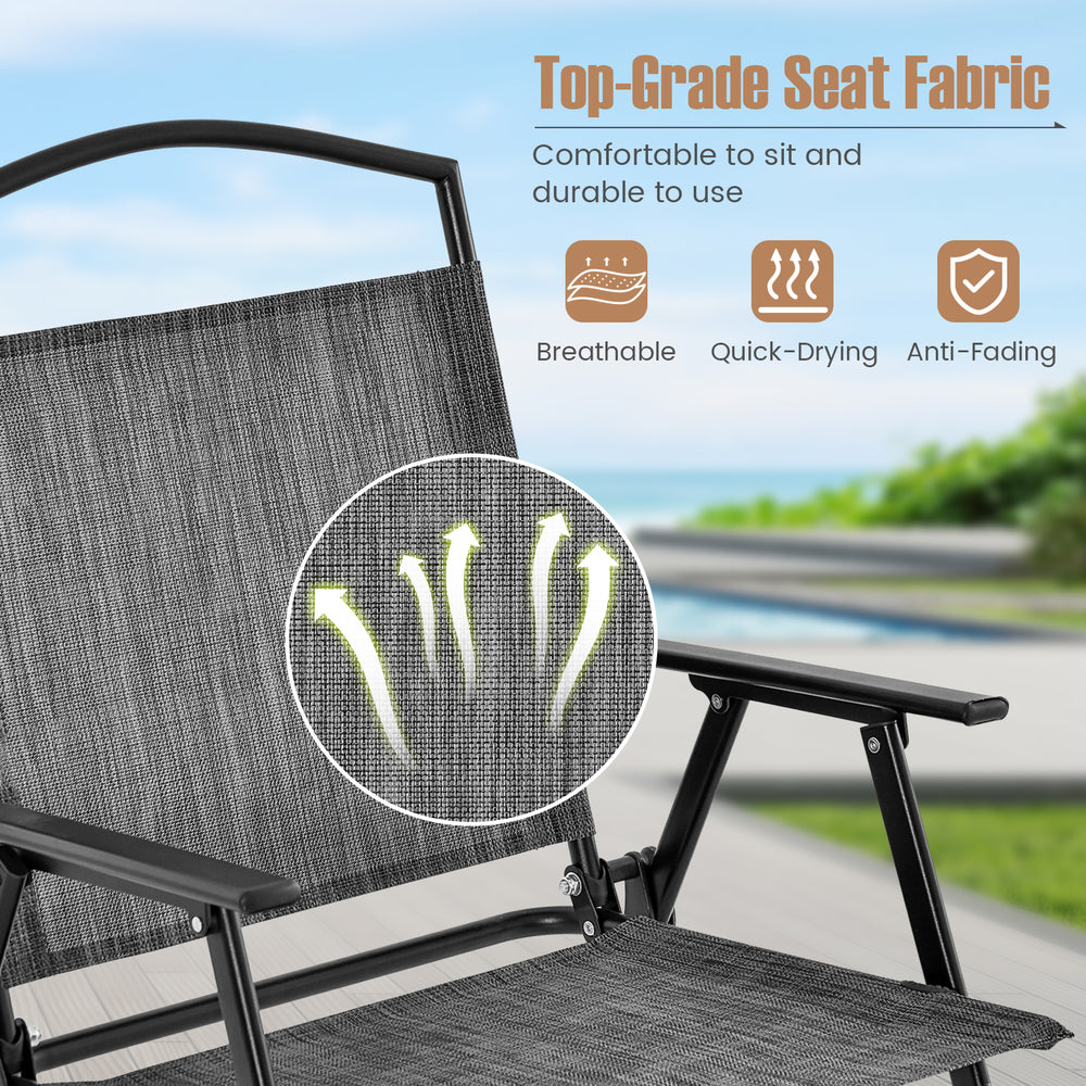 Close-up of breathable, durable seat fabric on a gray patio dining set chair, perfect for outdoor relaxation.