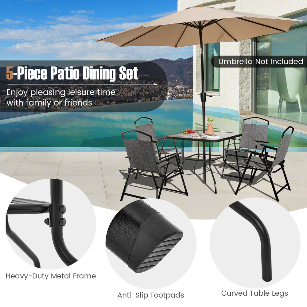 5-piece gray patio dining set for 4 with a tempered glass tabletop and heavy-duty metal frame, perfect for outdoor.