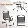 Patio dining set dimensions showing folding chair and tempered glass table, designed for outdoor relaxation and easy.