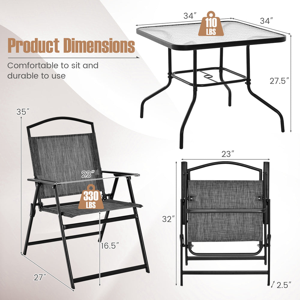 Patio dining set dimensions showing folding chair and tempered glass table, designed for outdoor relaxation and easy.