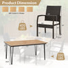 Dimensions of the 7-piece patio dining set featuring an acacia wood table and PE rattan chairs for outdoor use.